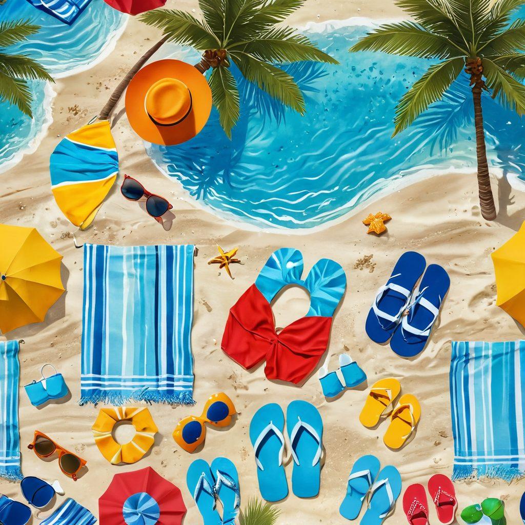 A vibrant beach scene showcasing a stylish assortment of beachwear including colorful swimsuits, sun hats, and flip-flops, with a clear blue ocean in the background. Sunbathers lounging by a sparkling pool and kids building sandcastles create a lively atmosphere. Incorporate palm trees swaying gently in the breeze and beach accessories like towels and sunglasses scattered around. The overall feel should be joyful and summery. super-realistic. vibrant colors. white background.